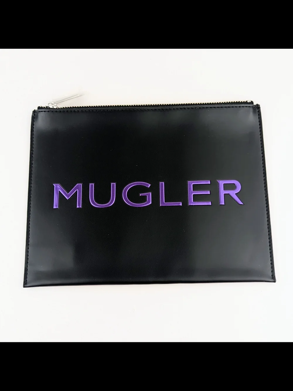 Mugler Parfums Smooth Black Vegan Leather Zip Pouch with Purple Logo Lettering